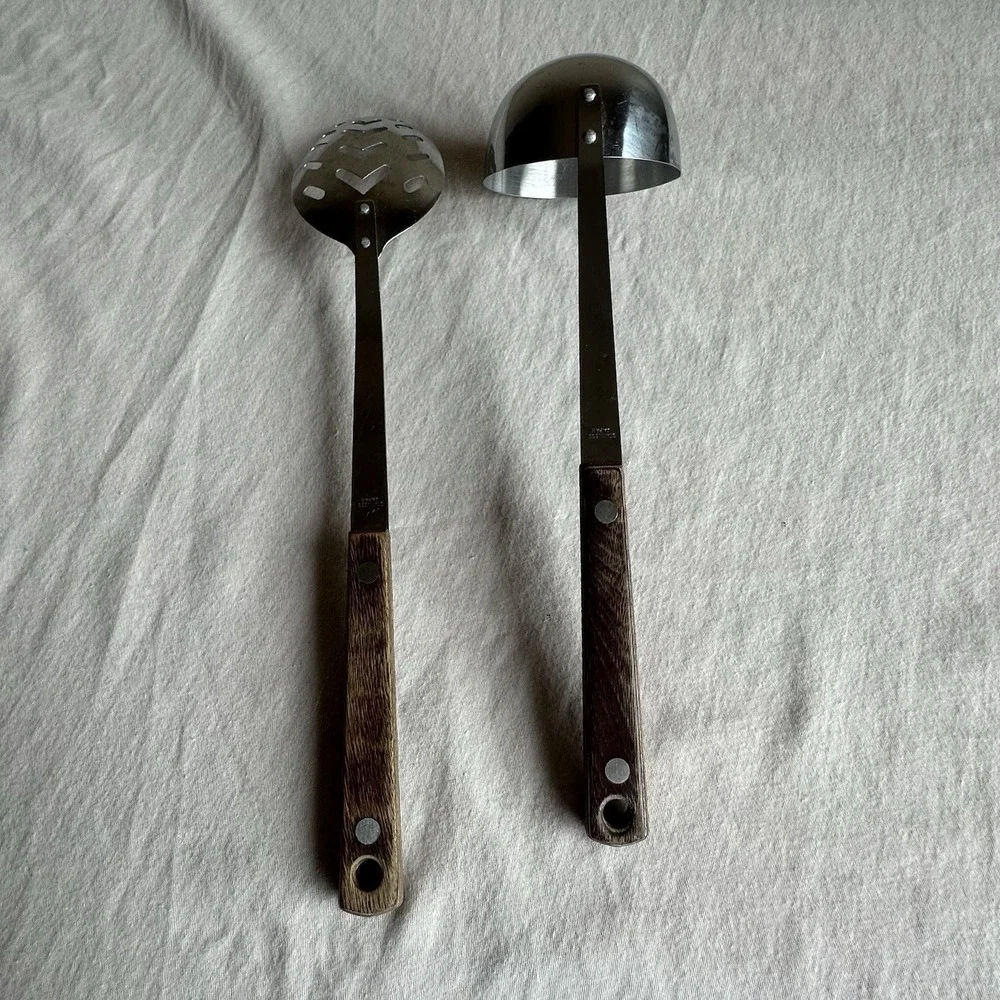 Vintage Unbranded Slotted Spoon Stainless-riveted Wood Handle & Ladle‎ Japan